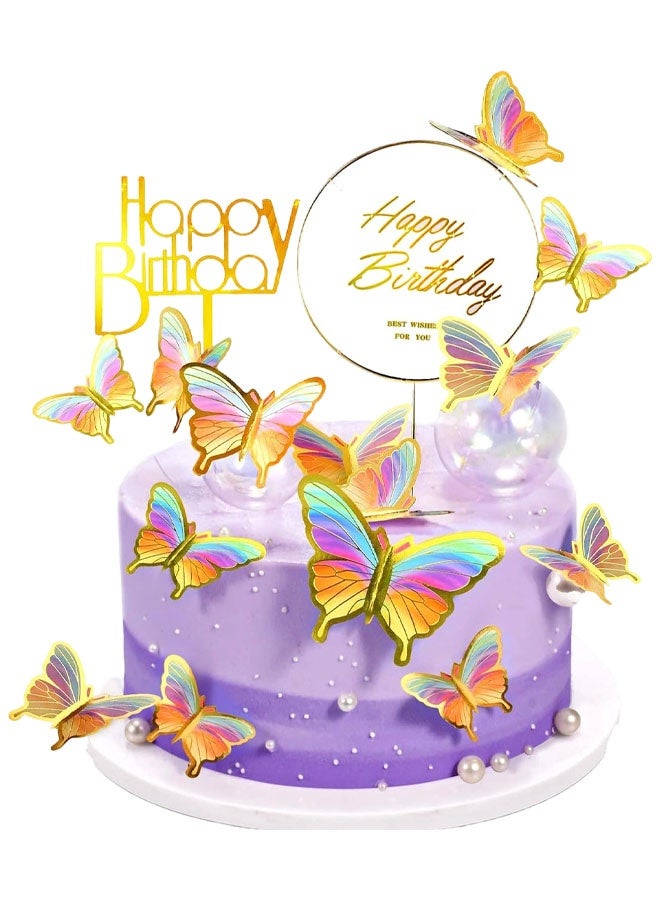 22 PCS Butterfly Decorations Cake Topper Happy Birthday 3D Cupcake Toppers Princess Happy Birthday Cupcake Topper For Wedding Anniversary Women Party Wall Decorations - Image 1